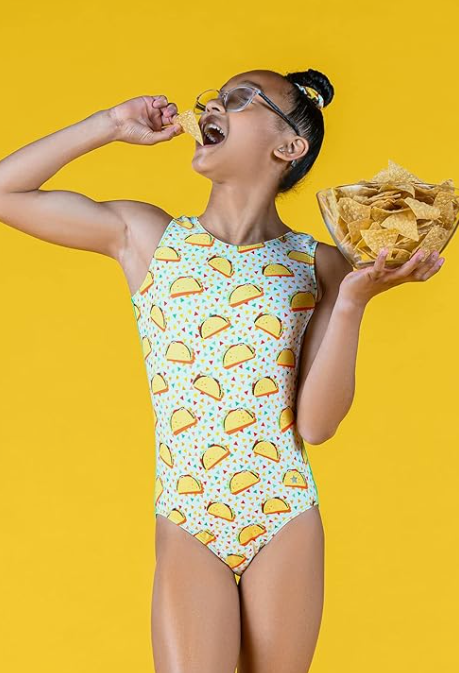 NEW Gymnastics Destira Taco the Town Adult Sizes Teal Yellow Acro Tumbling
