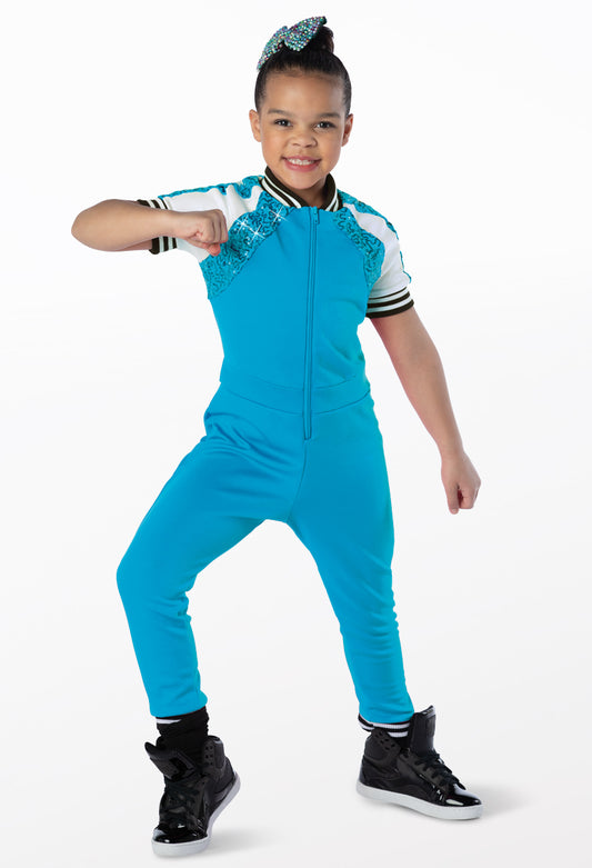 Pre-Owned Costume Weissman  13096 Medium Child Turquoise Jumpsuit Hip Hop Sequins