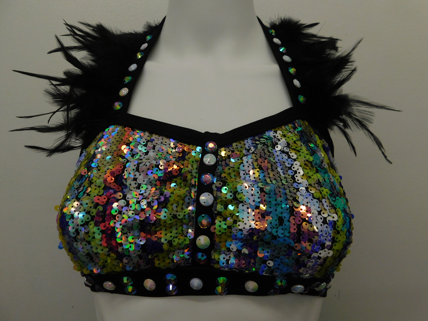 Pre-Owned Costume Large Child Black Glamour Jazz Musical Theater Feather Rhinestones 2 pc