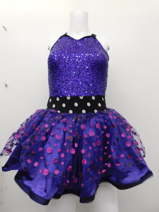 Pre-Owned Costume Large Child Purple Curtain Call J5239 Jazz Tap Clogging Polka Dots Sequin Dress