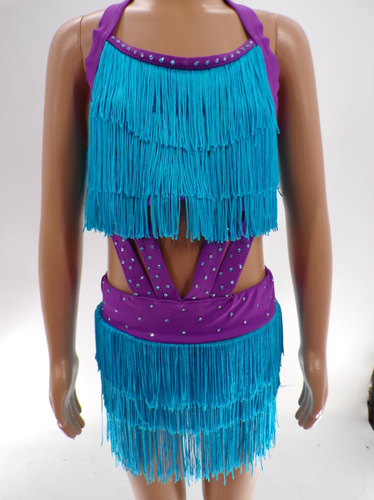 Pre-Owned Costume Weissman   Intermediate Child Turquoise Fringe Jazz Tap Rhinestones 1