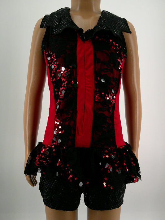 Pre-Owned Costume AWCT  14328 Medium Child Red Lace Accent Unitard Jazz  Sequins
