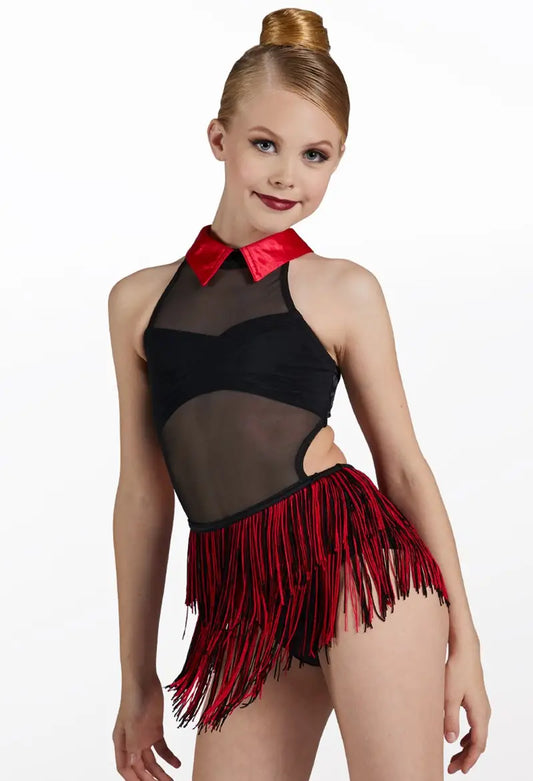 Pre-Owned Costume Weissman  D11118 Intermediate Child Red Fringe Jazz Latin Rhinestones