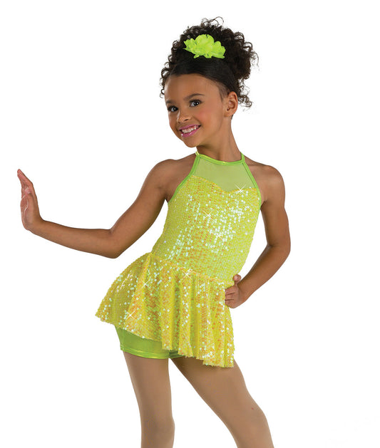 Pre-Owned Costume Medium Child Neon Green AWCT 25197 Jazz Tap Musical Theater Sequin Dress Biketard
