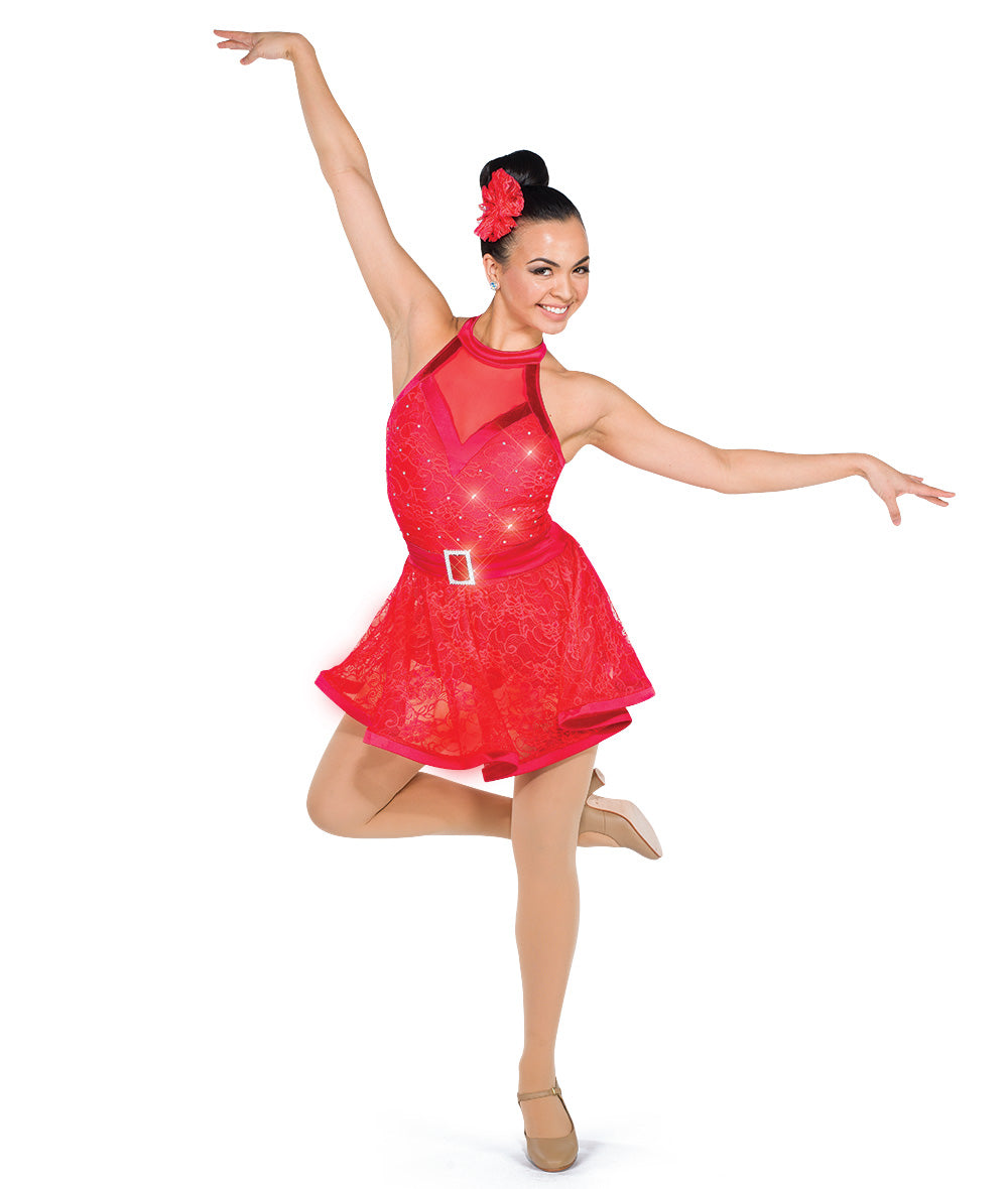 Pre-Owned Costume Large Adult Red A Wish Come True V2308 Jazz Tap Musical Theater Lace Dress Rhinestone