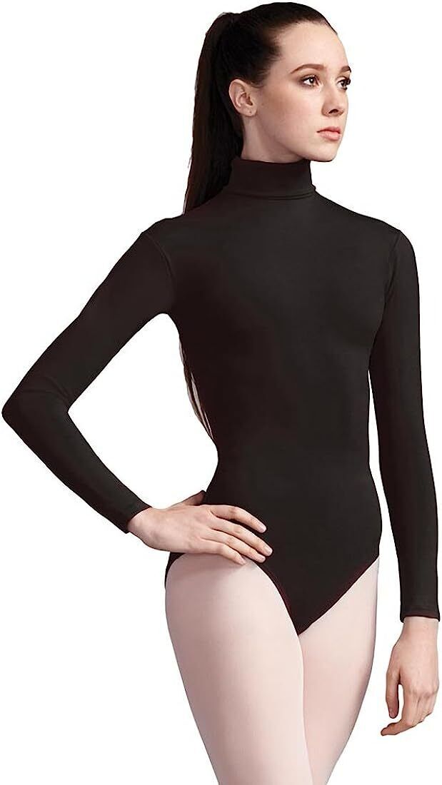 Pre-Owned Leotard Medium Child Black Alleson Ballet Jazz Contemporary Long Sleeve Mock Neck