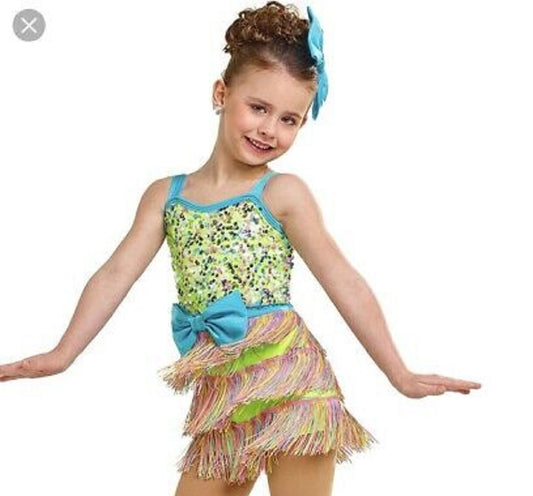 Pre-Owned Costume Small Child Yellow Curtain Call E1993 Jazz Tap Musical Theater Clogging Fringe Colorful  Biketard