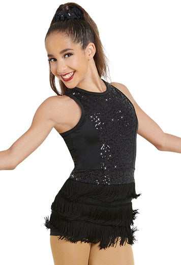 Pre-Owned Costume Weissman 11109 Medium Adult Black Fringe Unitard Jazz Latin Sequin