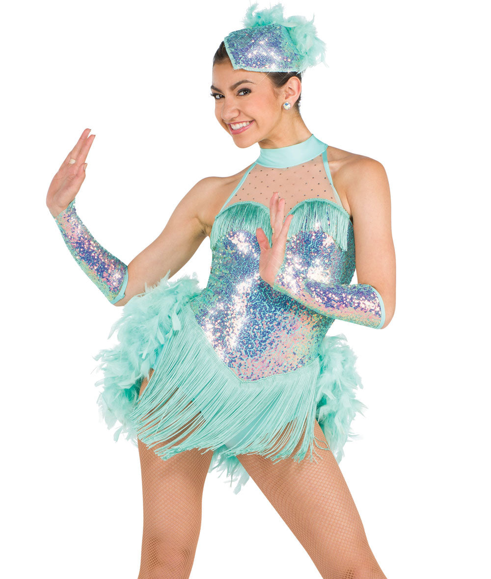 Pre-Owned Costume Large Adult Green A Wish Come True S234 Jazz Tap Musical Theater Feather Sequin Fringe