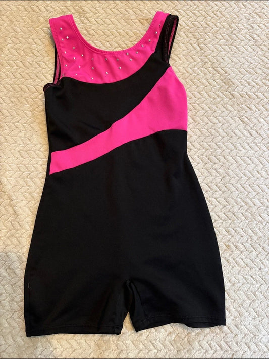 Pre-Owned Biketard Freestyle Large Child Black Pink Sparkle Acro Tumbling