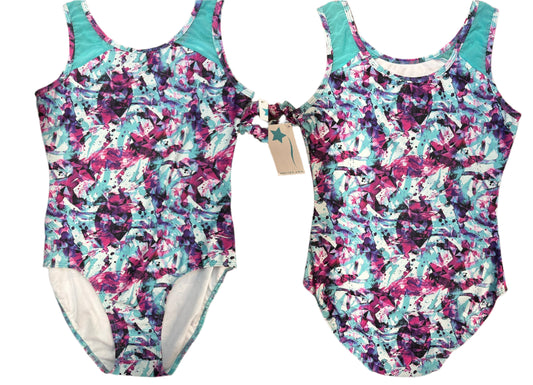 New Gymnastics Leotard Destira Adult Large Mystic Sea Teal Purple Print Mesh Shoulders