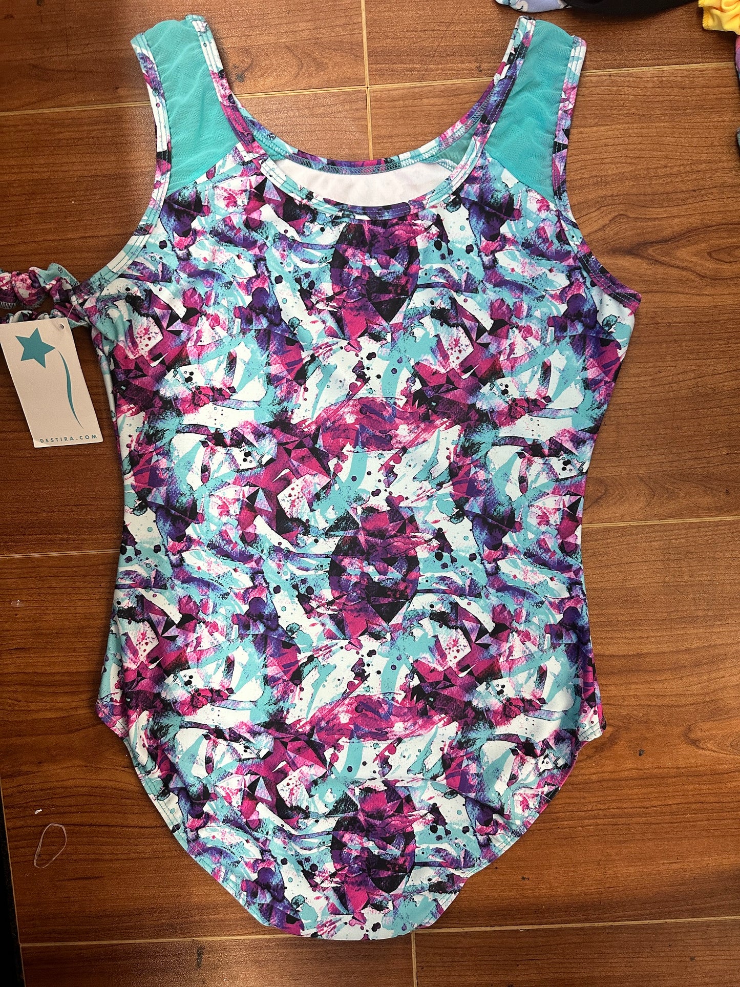 New Gymnastics Leotard Destira Adult Large Mystic Sea Teal Purple Print Mesh Shoulders