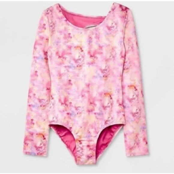 Pre-Owned Leotard Cat & Jack Large Child Pink Print Open Back Long Sleeve Jazz Acro