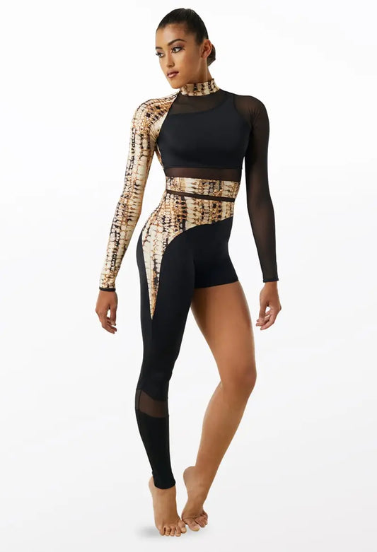 Pre-Owned Costume Small Adult Black Tan Weissman MT11165 Acro Contemporary Jazz Unitard Snakeskin
