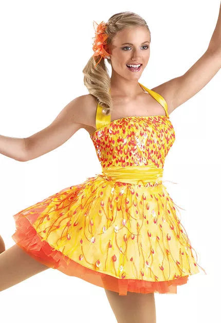 Pre-Owned Costume Small Adult Yellow Weissman 5668 Tap Jazz Musical Theater Feathers Sequins