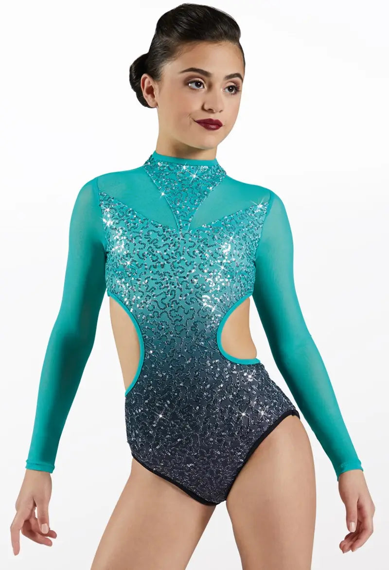 Pre-Owned Costume XS Adult Teal Weissman SQ11113 Jazz Acro Contemporary Ombre Sequin Long Sleeve