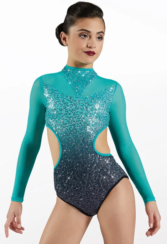 Pre-Owned Costume XS Adult Teal Weissman SQ11113 Jazz Acro Contemporary Ombre Sequin Long Sleeve