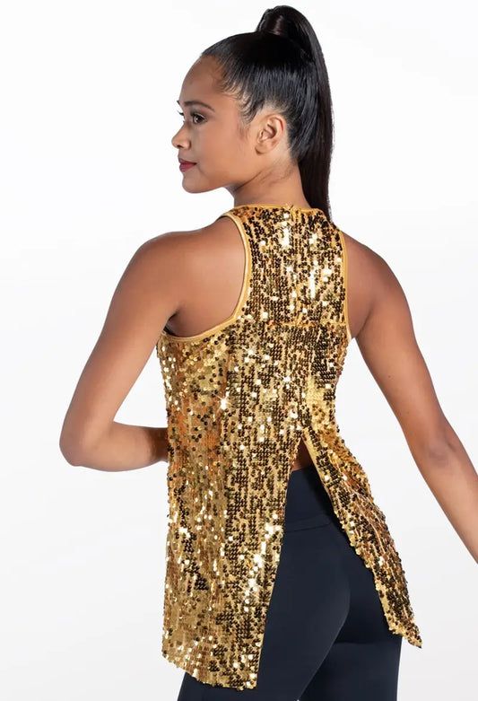 Pre-Owned Costume Top Weissman SQ9682 Gold Medium Adult Sequin Tank Flyaway Back